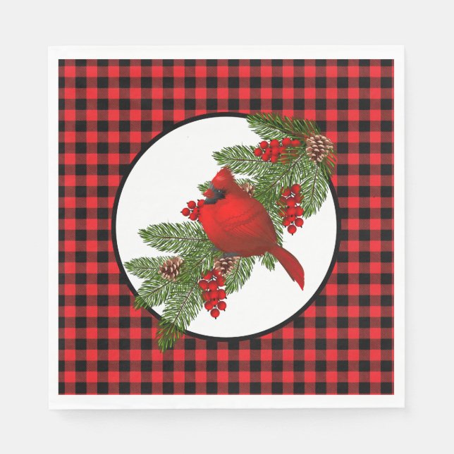 Christmas Holiday Red Cardinal Buffalo Print Napkin (Front)