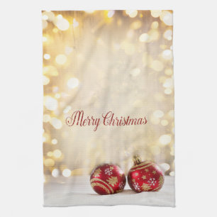 Christmas Holiday-Red Christmas Balls Bokeh  Tea Towel