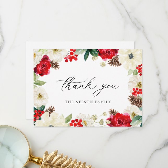 Christmas Holiday Red Floral Thank you Card (Front/Back In Situ)