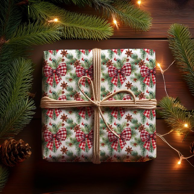 Christmas Holiday Red Gingham Check Bows Wrapping Paper (Christmas Holiday Red White Gingham Checks Bows with Pine Evergreens and Star Anise Wrapping Paper)