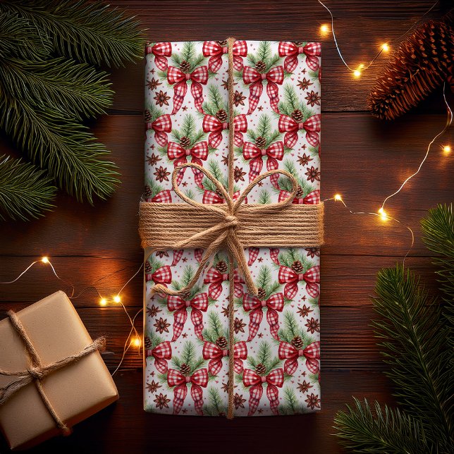 Christmas Holiday Red Gingham Check Bows Wrapping Paper (Christmas Holiday Red White Gingham Checks Bows with Pine Evergreens and Star Anise Wrapping Paper)