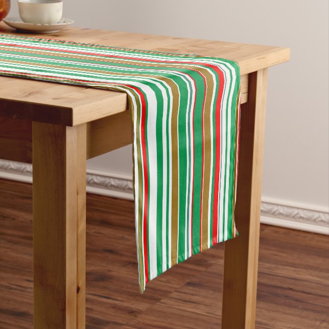 Christmas Holiday Red Green and Gold Stripes Medium Table Runner (In Situ)