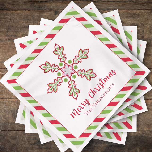 Christmas Holiday Red Green Colourful Snowflake Napkin (Merry Christmas whimsical colorful snowflakes paper napkins. )