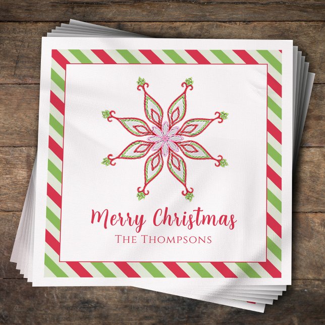 Christmas Holiday Red Green Colourful Snowflake Napkin (Merry Christmas whimsical colorful snowflakes paper napkins. )