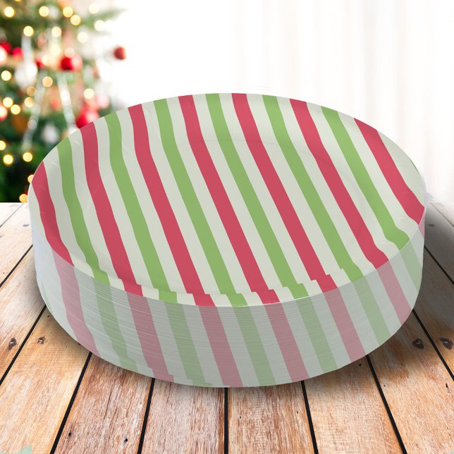 Christmas Holiday Red Green Colourful Striped Paper Plate (Simple red and green striped paper plates. )
