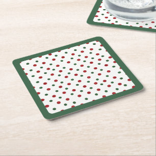 Christmas Holiday Red Green Retro Dots Pattern Square Paper Coaster