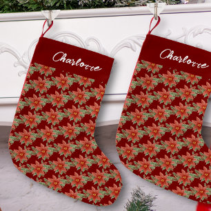 Christmas Holiday Red Poinsettia Floral Name  Small Christmas Stocking
