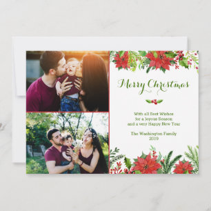 Christmas holiday red poinsettia watercolor photo card