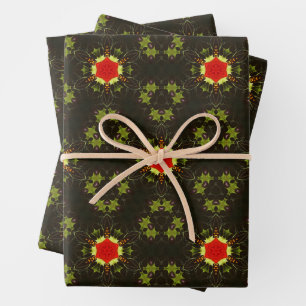 Christmas holiday red star green holly leaves wrapping paper sheet