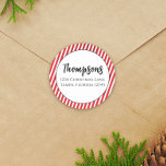Christmas Holiday Red Stripe Return Address Cute  Classic Round Sticker<br><div class="desc">Christmas holiday red simple cute,  minimalist minimal return address label,  fun classic striped stripes stripe,  candy cane stripe red white,  cute whimsical typography text font,  chic festive colourful Xmas,  stylish calligraphy script family name,  trendy minimal modern style,  simple Christmas sticker label,  a Christmas holiday greeting envelope seal</div>
