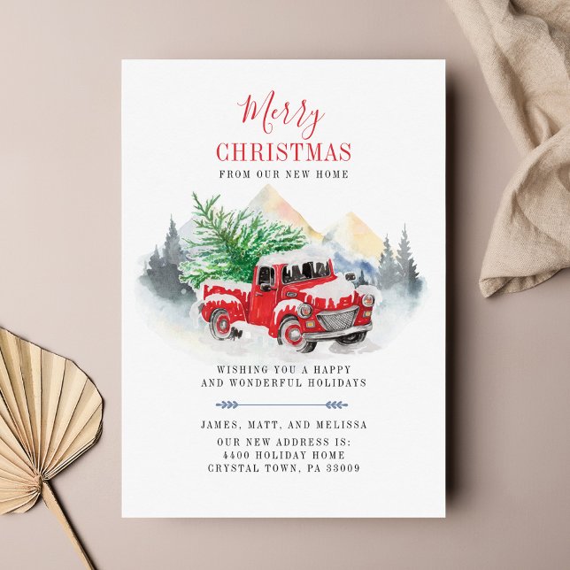 Christmas Holiday Red Truck Moving Announcement (Plaid Red Truck Christmas Moving Announcement)