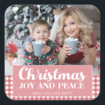 Christmas Holiday Red White Gingham Joy Peace Square Sticker<br><div class="desc">Red and white gingham Christmas photo sticker.  Text says,  "Christmas joy and peace."</div>