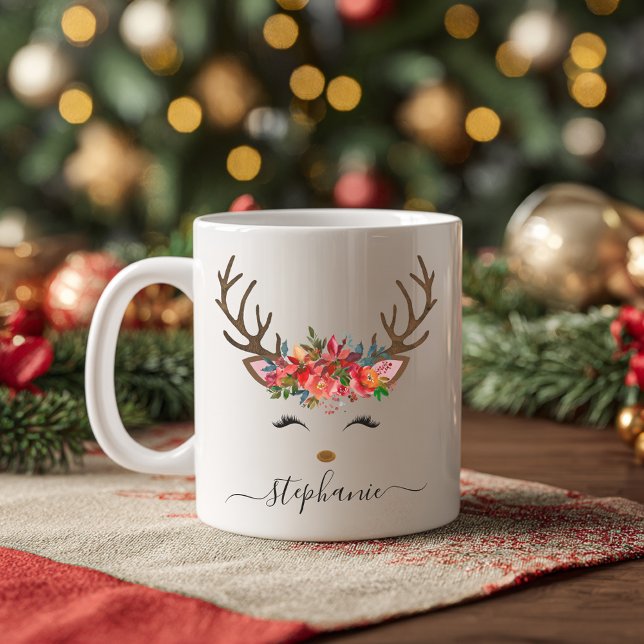 Christmas Holiday Reindeer Floral Personalised Coffee Mug (Christmas Holiday Reindeer Floral Personalized Coffee Mug)