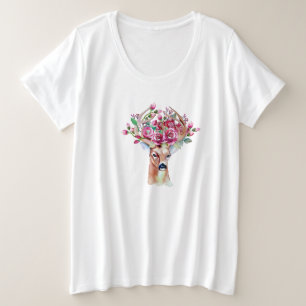 Christmas Holiday Reindeer Pink Roses Flowers Plus Size T-Shirt