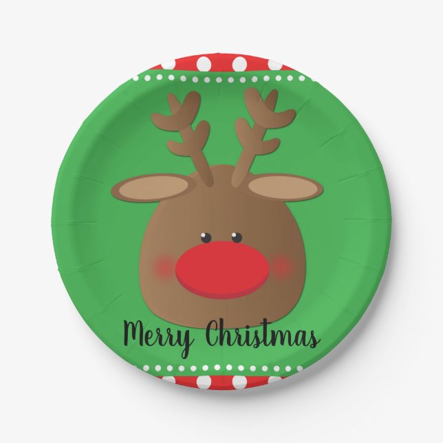 Christmas Holiday Reindeer Polka Dot Party Custom Paper Plate (Front)