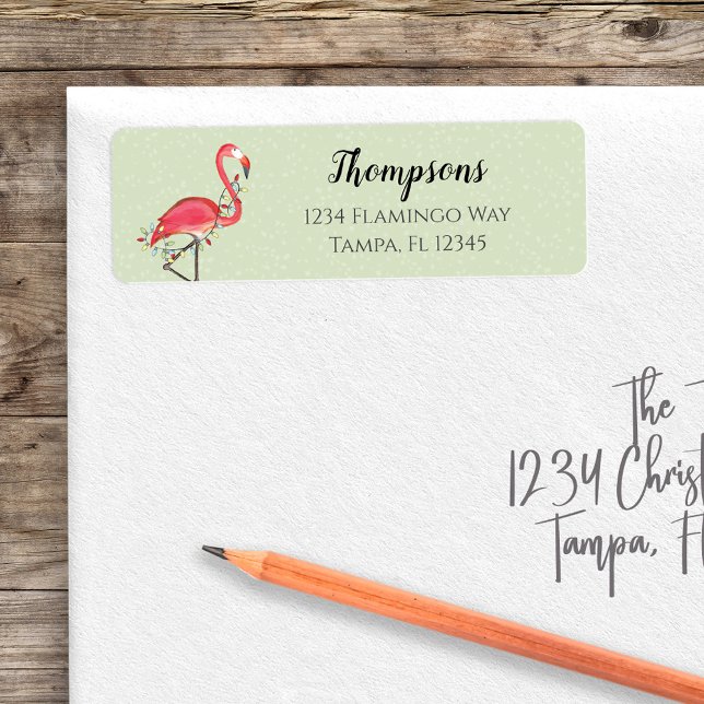 Christmas Holiday Return Address Pink Famingos (Christmas whimsical colorful lights with pink flamingo return address label. )