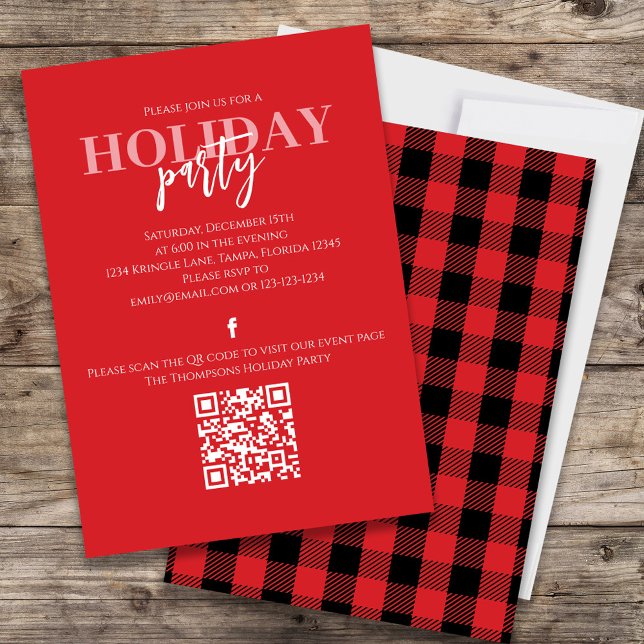 Christmas Holiday Rustic Buffalo Red Plaid QR Code Invitation (Holiday red and black buffalo check patterned invitation with a QR Code for social media sharing. )