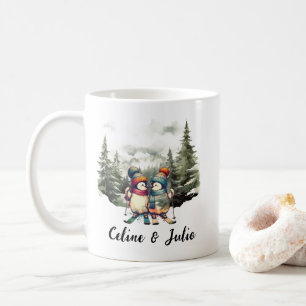 Christmas Holiday Rustic Skiing Penguin Red Green Coffee Mug