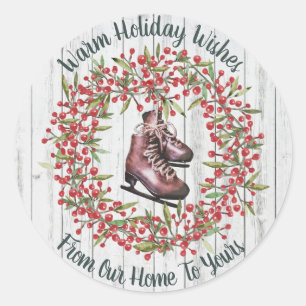 Christmas Holiday Rustic Wreath and Skates Classic Round Sticker