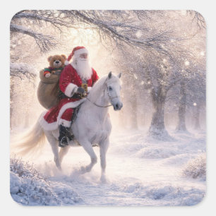 Christmas Holiday Santa and Horse Square Sticker