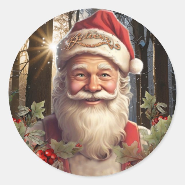 Christmas holiday Santa Claus snowy woodland Classic Round Sticker (Front)
