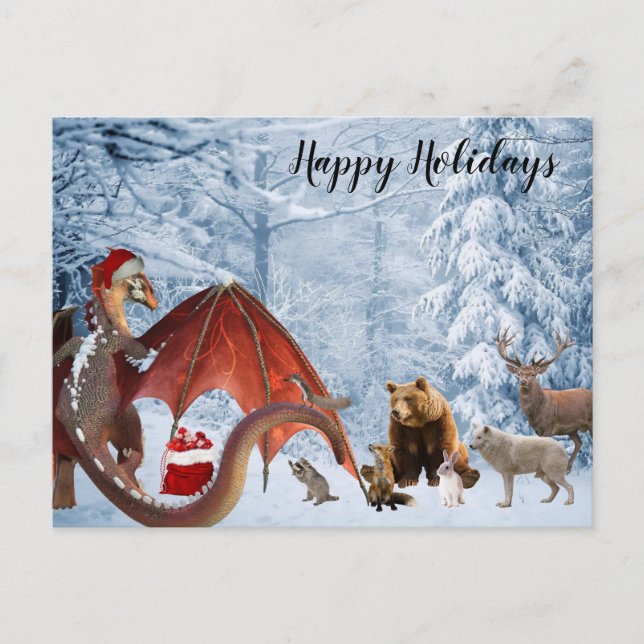 Christmas Holiday Santa Dragon  Woodland Forest Postcard (Front)