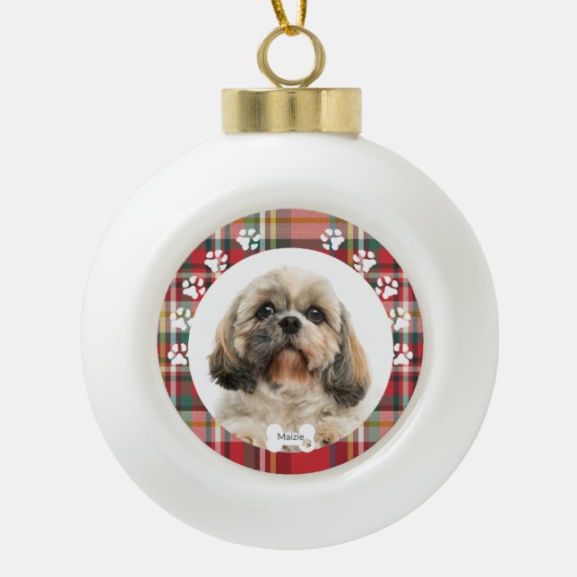 Christmas Holiday Shih Tzu Dog Pet Photo Custom Ceramic Ball Christmas Ornament (Front)