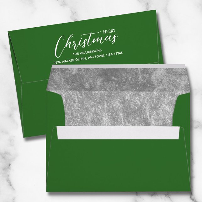 Christmas Holiday Silver Faux Foil Green Envelope (Faux silver foil printed lining in green Christmas envelopes with FREE return address on the back )