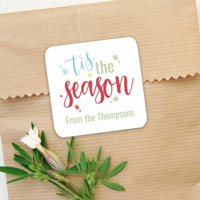 Christmas Holiday Simple Festive Tis the Season  Square Sticker (Whimsical cute typography calligraphy script "tis the season" gift sticker. )