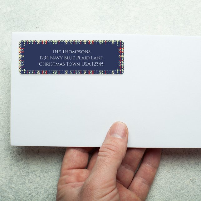 Christmas Holiday Simple Navy Blue Red Plaid  (Simple Navy blue, red, and green plaid pattern return address label. )