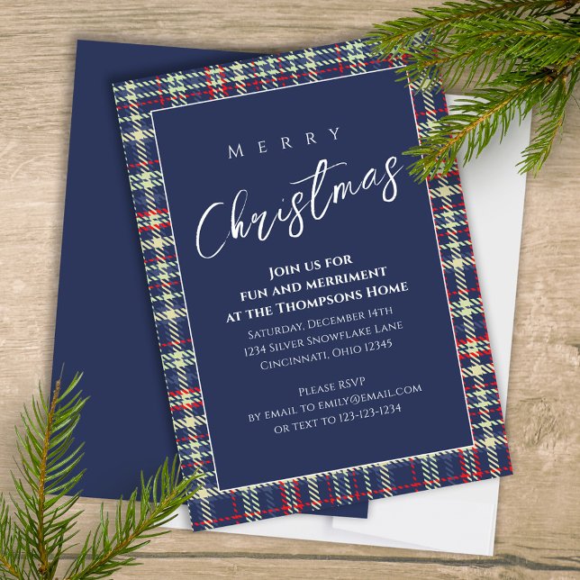 Christmas Holiday Simple Navy Blue Winter Plaid Invitation (Merry Christmas holiday festive navy blue plaid background with stylish calligraphy script. )