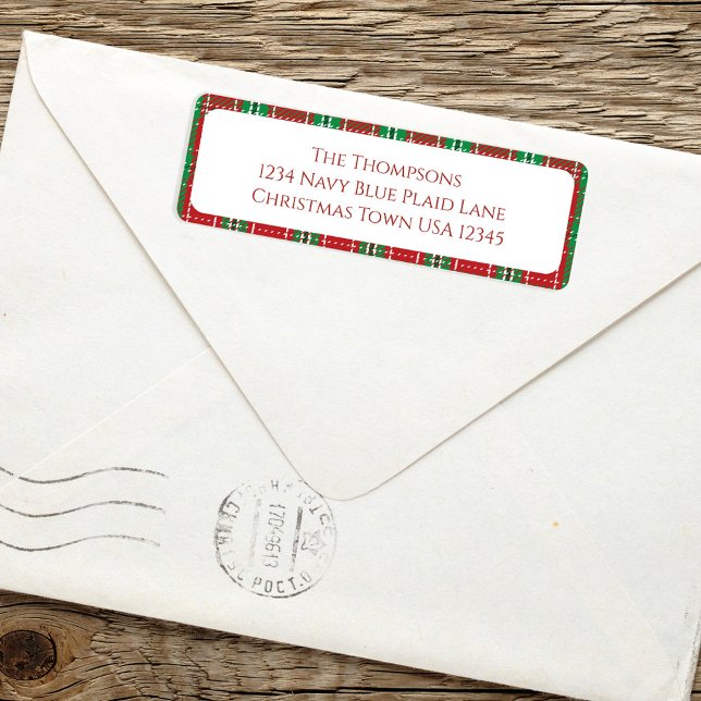 Christmas Holiday Simple Red Green Festive Plaid  (Christmas Holiday red and green plaid patterned return address label. )