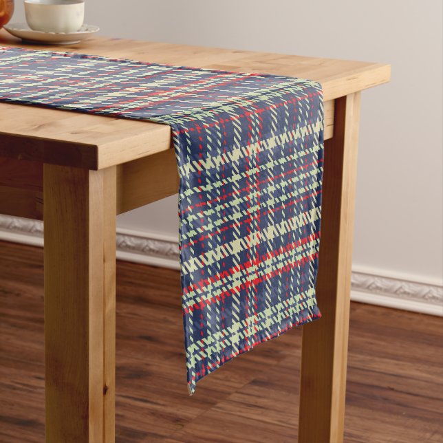Christmas Holiday Simple Rustic Navy Blue Plaid Short Table Runner (In Situ)