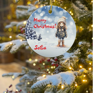 Christmas Holiday snow tree girl name red Ceramic Tree Decoration