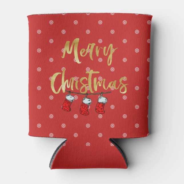 Christmas Holiday Snowflake Fun  Red Can Cooler (Front)