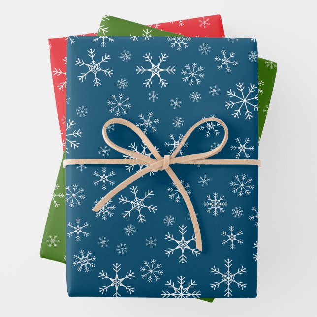 Christmas Holiday Snowflakes Red Green Blue White Wrapping Paper Sheet (In situ)