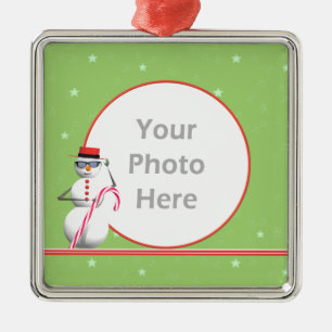 Christmas Holiday Snowman Round (photo frame) Metal Tree Decoration