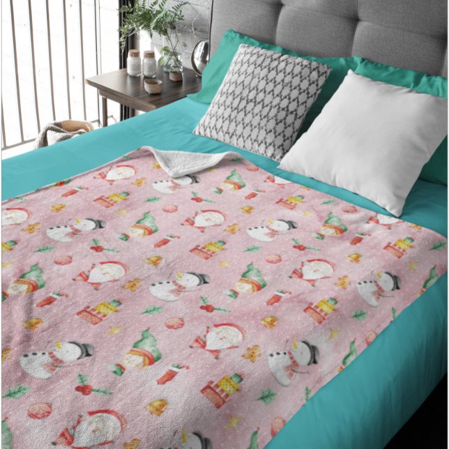 Christmas Holiday Snowman Watercolor Pink  Fleece Blanket (Creator Uploaded)