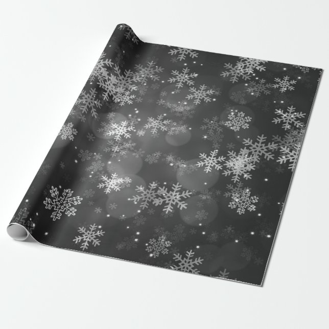 Christmas Holiday Sparkles & Snowflakes Black Wrapping Paper (Unrolled)