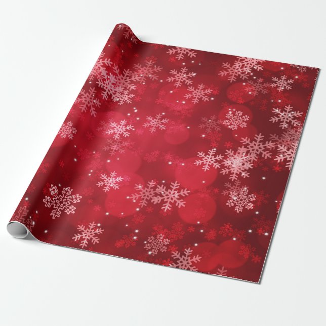 Christmas Holiday Sparkles & Snowflakes Red Wrapping Paper (Unrolled)