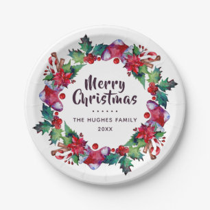 Christmas Holiday Stocking Floral Wreath Paper Plate