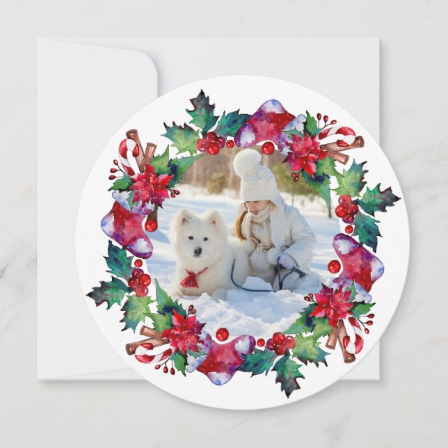 Christmas Holiday Stocking Floral Wreath Photo Card (Front)