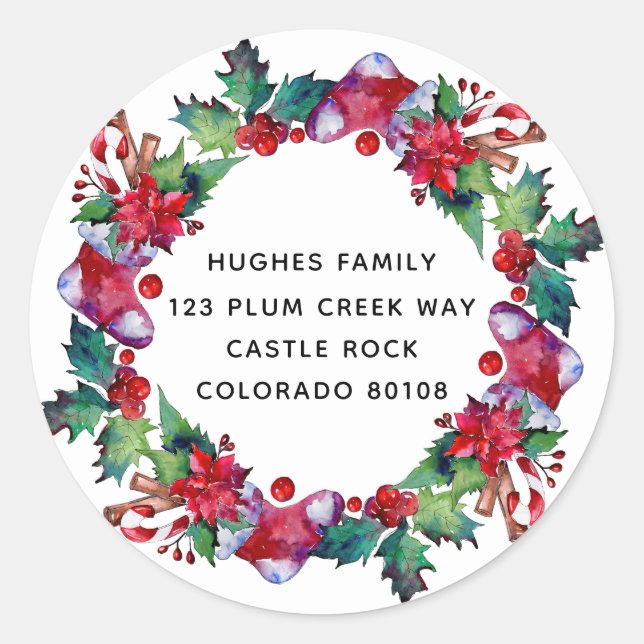 Christmas Holiday Stocking Floral Wreath Photo Classic Round Sticker (Front)
