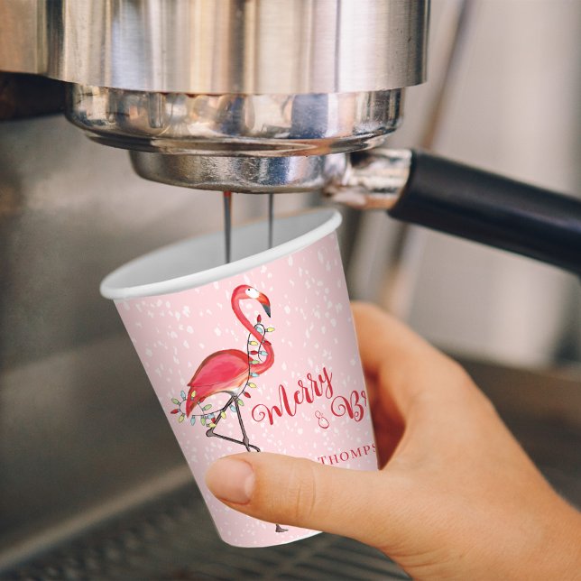 Christmas Holiday String Lights Merry and Bright  Paper Cups (Merry and Bright Christmas holiday pink flamingo paper cup.)