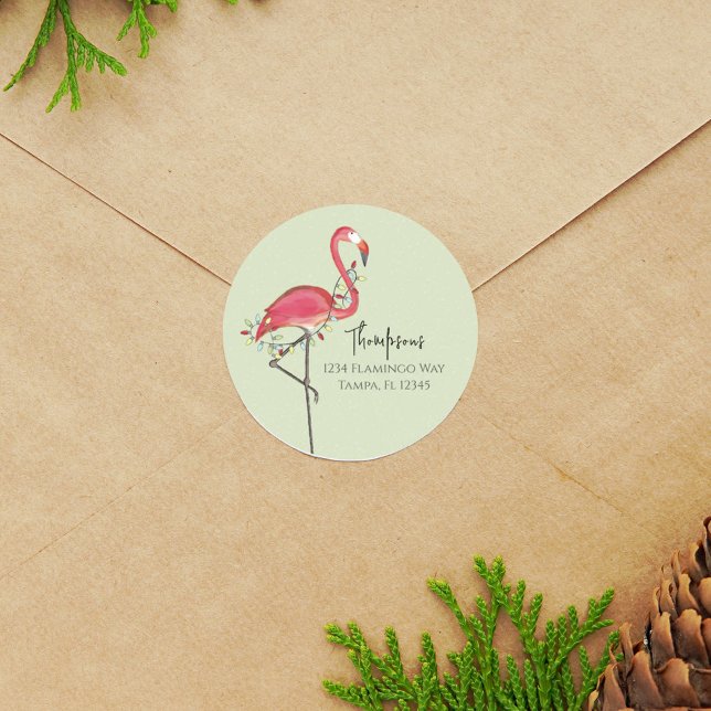 Christmas Holiday String Lights Pink Flamingo Cute Classic Round Sticker (Creator Uploaded)
