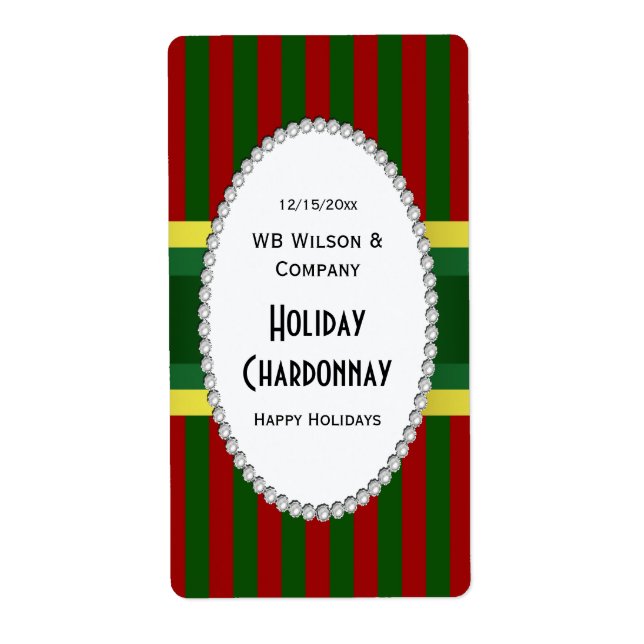 Christmas Holiday Stripe Pearl V Wine Bottle Label (Front)