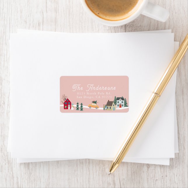 Christmas Holiday Town/Village Pink Address Label (Insitu)
