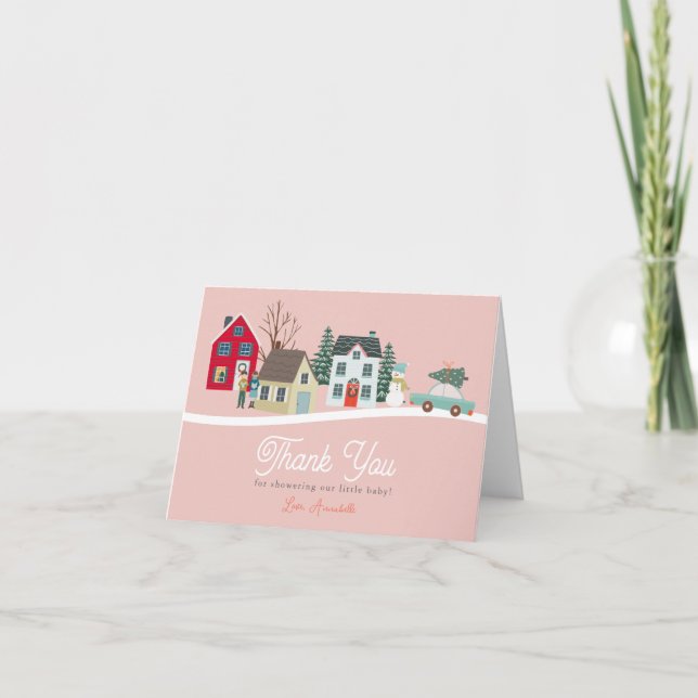 Christmas Holiday Town/Village Pink Baby Shower Thank You Card (Front)