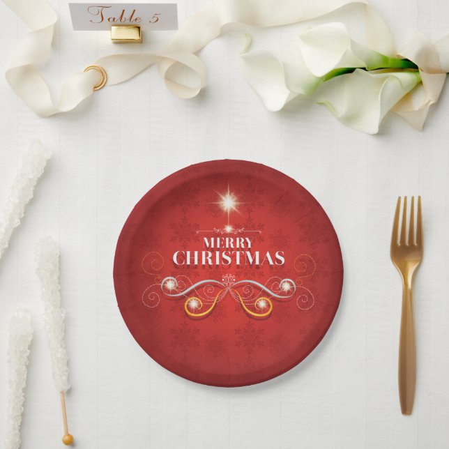 Christmas holiday tree red gold stars modern wish paper plate (Wedding)
