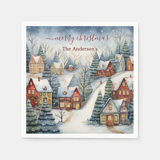 Christmas Holiday Vintage Houses Snow Party Napkin (Front)